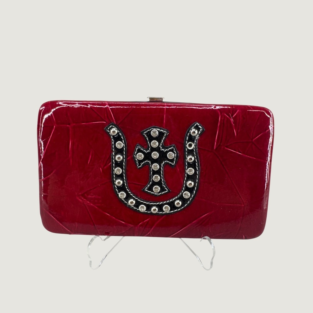 Unbranded Horseshoe Cross Rhinestone Wallet Red Patent Western Goth McBling